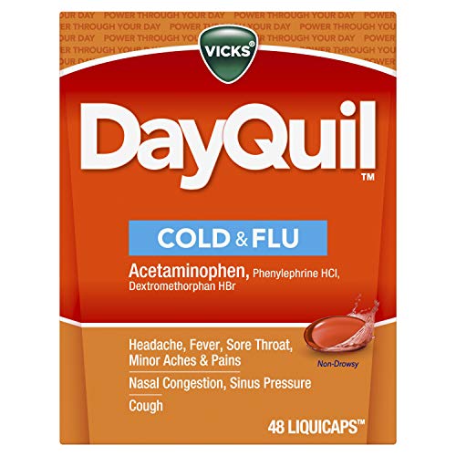 Vicks DayQuil Cold and Flu Multi-Symptom Relief, 48 LiquiCaps (Non-Drowsy) - Sore Throat, Fever, and Congestion Relief (Packaging May Vary)