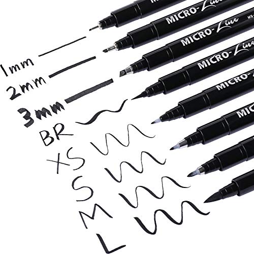 Hand Lettering Pens, Calligraphy Brush Pens Art Markers for Beginners Writing, Sketching, Drawing, Cartoon, Caricature, Illustration, Scrapbooking, Bullet Journaling, Black Ink Pen Set, 8 Size