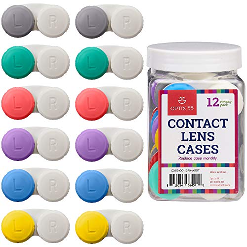 Contact Lens Cases, 12 Pack – Assorted Separate Colors Eye Contact Lense Cases for Left/Right Eyes – Durable, Compact, Portable, Bulk Supply Contact Lens Storage Holder- by Optix 55