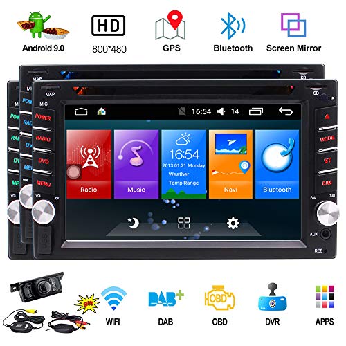 Double Din Android Car Navigation Stereo in Dash Android 9.0 Car Stereo with Bluetooth GPS Navigation WiFi FM AM Car Radio 6.2 inch HD Touchscreen Support Mirror Link Wireless Rear View Camera