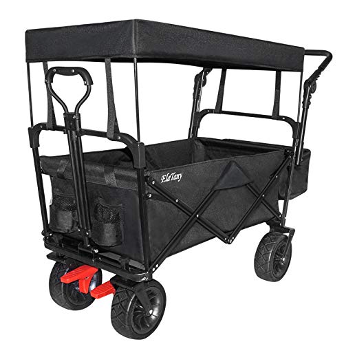 Elatany Heavy Duty Folding Outdoor Collapsible Utility Wagon Cart with Big Wheels and Canopy for Grocery Beach Black 176Lbs Loading Capacity