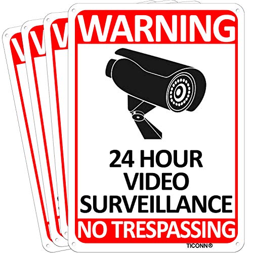 TICONN 4-Pack 24 Hour Video Surveillance Sign, No Trespassing Aluminum Warning Sign, 10x7 Inches Indoor / Outdoor Use for Home Business CCTV Security Camera, Reflective, UV Protected & Waterproof