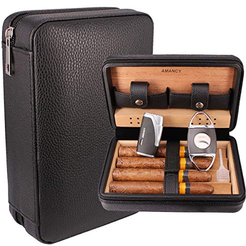 AMANCY Classic Black Leather 4 Cigar Travel Case Humidor with Cutter and Lighter Great Cigar Accessory Gift Set