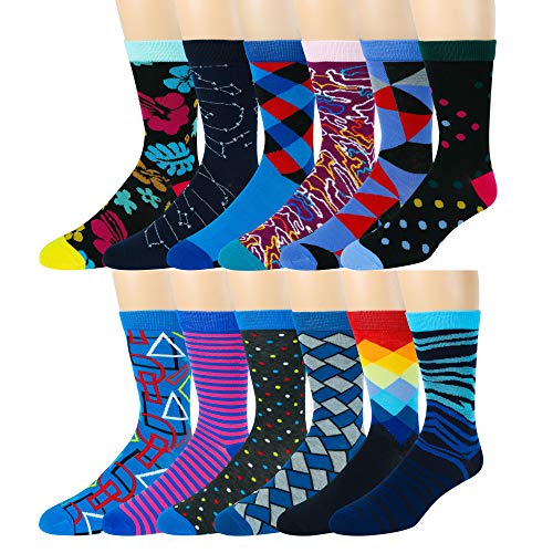 Boy's Pattern Dress Funky Fun Colorful Socks 12 Assorted Patterns Size 3-9 (Style M, Shoe Size 3-9)