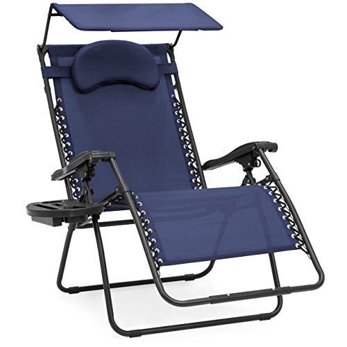 Best Choice Products Oversized Steel Mesh Zero Gravity Reclining Lounge Patio Chair w/Folding Canopy Shade and Cup Holder, Navy