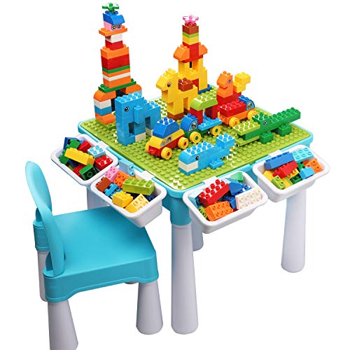 Kids 5-in-1 Multi Activity Table Set - 128 Pieces Large Building Blocks Compatible Bricks Toy, Play Table Includes 1 Chair and Building Block Table with Storage, Green Baseplate Board/Blue Color