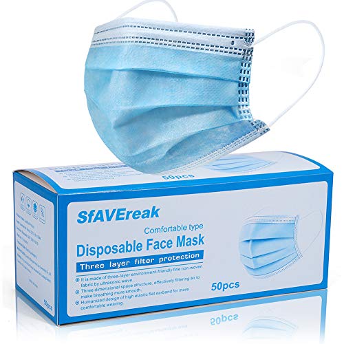 SfAVEreak Face Mask Disposable for Dust Air Pollution Protection, Blue (Pack of 50)