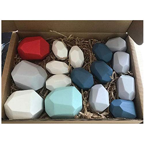 Gupgi Wooden Building Blocks Set Lightweight Natural Balancing Blocks Colored Wooden Stones Stacking Game Rock Blocks Educational Puzzle Toy (Colorful Blue , 16pcs )