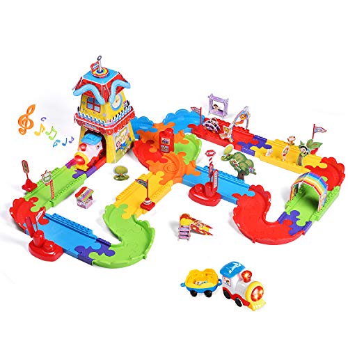 FUN LITTLE TOYS 189 PCs Train Sets with Variable Railway Tracks, Electric Toy Trains with Lights and Sounds, 3D Puzzles Train Track Accessories, Toy Train Set for Kids