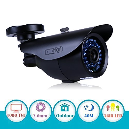 EWETON 1/3' 960H 1000TVL CCTV Home Surveillance Camera 3.6mm Lens 36PCS Infrared LEDs IR Cut 100ft Night Vision Indoor Outdoor Weatherproof Security Camera (Metal Housing Black)