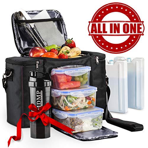 Meal Prep Lunch Bag/Box For Men, Women + 3 Large Food Containers (45 Oz.) + 2 Big Reusable Ice Packs + Shoulder Strap + Shaker With Storage. Insulated Lunchbox Cooler Portion Control Set (Black)