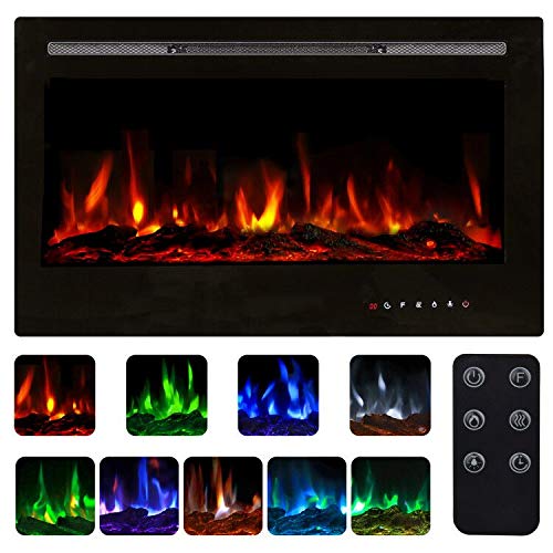 U-MAX 36' Recessed Wall Mounted Electric Fireplace Insert, 9 Colors Flame/Touch Control Screen & Remote/750-1500W Heater with Timer, Log & Crystal Hearth Options, Black