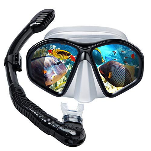 Powsure Kids Snorkel Set, Dry Top Snorkel with Swim Mask, Anti-Leak Snorkeling Package of Anti-Fog Tempered Glass Diving Goggles for Children, Boys, Girls,Youth,Junior Child (Black)