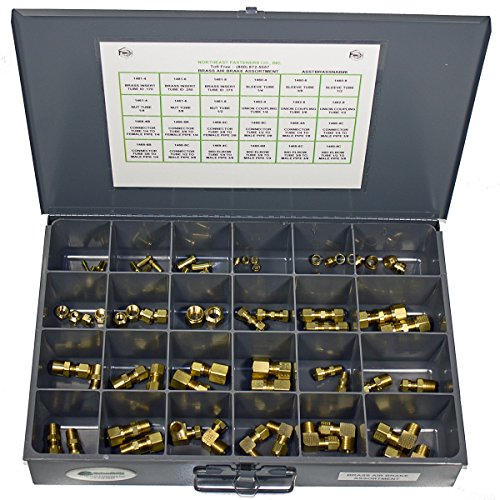 NEF 64 Piece Brass Air Brake Fitting Assortment, Union Couplings, Connector Nut Sleeve Tubes, Elbows, Inserts