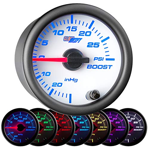 GlowShift White 7 Color 30 PSI Turbo Boost/Vacuum Gauge Kit - Includes Mechanical Hose & T-Fitting - White Dial - Clear Lens - for Car & Truck - 2-1/16' 52mm