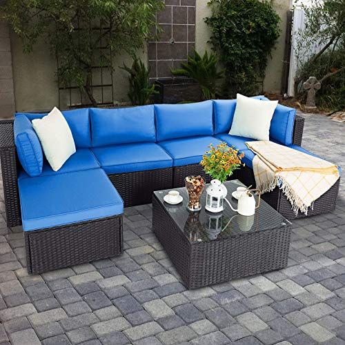 Vitesse 7 Pieces Patio Furniture Sectional Sets, Outdoor All-Weather PE Rattan Wicker Lawn Conversation Sets, Garden Sofa Set with Coffee Table and Washable Couch Cushions (Royal Blue)