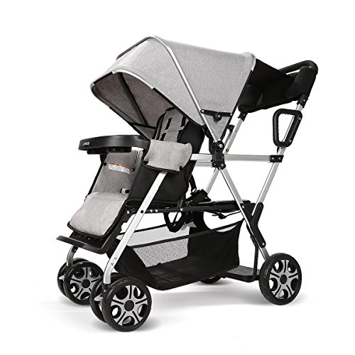 Double Stroller Convenience Urban Twin Carriage Stroller Tandem Collapsible Stroller All Terrain Double Pushchair for Toddler Girls and Boys Stable Stroller Frame with Bag Organizer (Oxford Grey)