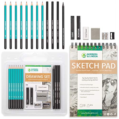 Drawing Set - Sketching and Charcoal Pencils - 100 Page Drawing Pad, Kneaded Eraser. Art Kit and Supplies for Kids, Teens and Adults, Sketch Set