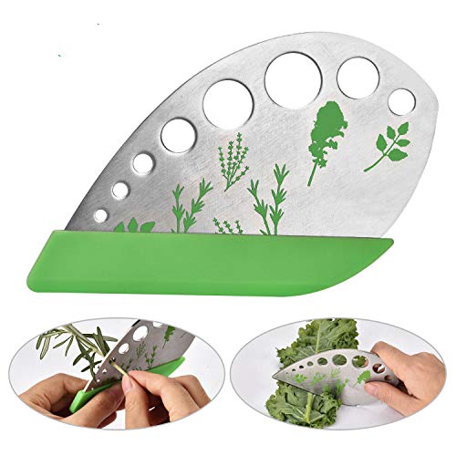 Leaf Herb Stripper, Stainless Steel Kitchen Herb Stripper Tool, 9holes, 2 in 1 design,Curved edge can be used as a kitchen knifefor Chard, Collard Greens, Parsley, Basil, Rosemary Herb, Taragon, Thym