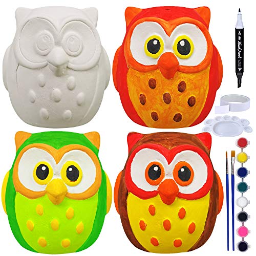 4 Sets DIY Ceramic Owls Figurines Paint Craft Kit Unpainted Bisque Ceramics Paintable Owls Ceramics Ready to Paint for Kids Fall Autumn Season Halloween Holiday at-Home Classroom DIY Craft Project