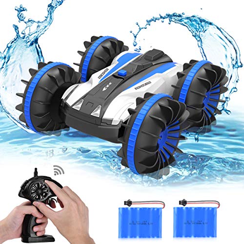 allcaca Waterproof Remote Control Car Boat - 2.4Ghz All Terrain RC Cars - 1/18 Scale Double Sides Stunt Vehicle with 360 Degree Spins and Flips Blue