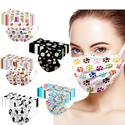 Balaclava 50PCS Disposable 3-Layer Facepiece with Novelty Decorative Pattern Print Daily Protection Face for Women