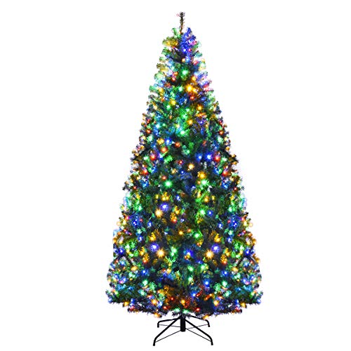 Goplus 7FT Pre-Lit Artificial Christmas Tree Auto-Spread/Close up Branches 11 Flash Modes with Multicolored LED Lights & Metal Stand
