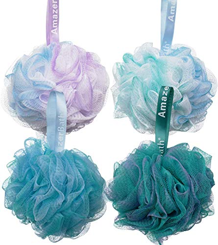 AmazerBath Shower Bath Sponge Shower Loofahs Balls 60g/PCS for Body Wash Bathroom Men Women- Set of 4 Flower Color Pack