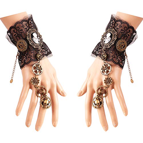 Daimay Bronzing Fingerless Gloves Gothic Floral Lace Steampunk Wristband Ring Vintage Beaded Gloves Bridal Bracelet Ring Set - 1 Pair – Pirate Style