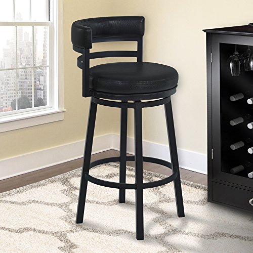 Armen Living Madrid 26' Counter Height Swivel Barstool in Ford Black Faux Leather and Black Metal Finish