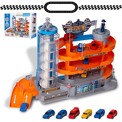 NeatoTek 4-Level Garage Toy Set Car Vehicle Building Parking Lot Race Tracks with 6 Pcs Diecast Metal Cars Durable Garage Playset for Boys, Kids, Toddler