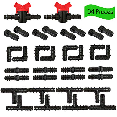 Drip Irrigation Fittings Kit, Irrigation Barbed Connectors for 1/2' Tubing 34 Piece - 2 Switch Valves, 8 Couplings, 8 Tees, 8 Elbows and 8 End Cap Plugs, Irrigation Water Hose Connector