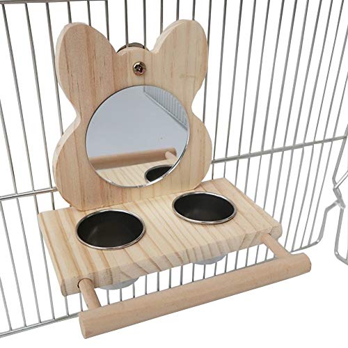 QBLEEV Bird Food Cups with Perch,Parrot Mirror Toys for Bird Cage,Hanging Wooden Bird Stands with 2 Stainless Steel Food Bowls,Bird Feeding and Watering Supplies for Parakeets Conures Cockatiels