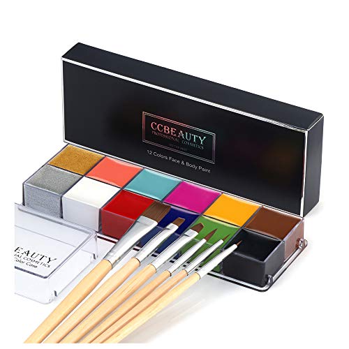 CCbeauty Professional Face Paint Oil 12 Colors Halloween Body Art Party Fancy Make Up with 6 Wooden Brushes,Deep
