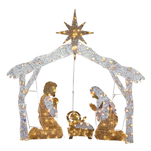 National Tree Company lit Artificial Christmas Décor White Includes Pre-Strung Mini LED Lights and Ground Stakes-Crystal Holy Family Nativity-4.5 ft