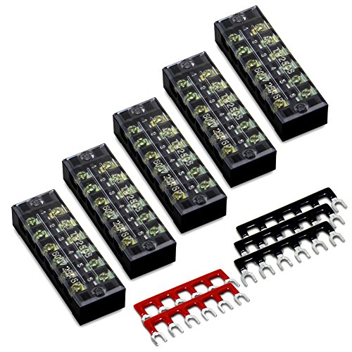 10pcs (5 Sets) 6 Positions Dual Row 600V 25A Screw Terminal Strip Blocks with Cover + 400V 25A 6 Positions Pre-Insulated Terminals Barrier Strip (Black & Red) by MILAPEAK