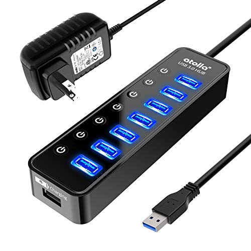 Powered USB Hub 3.0, Atolla 7-Port USB Data Hub Splitter with One Smart Charging Port and Individual On/Off Switches and 5V/4A Power Adapter USB Extension for MacBook, Mac Pro/Mini and More.