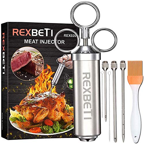 REXBETI Stainless Steel Meat Injector Syringe with 3 Marinade Injector Needles for BBQ Grill Smoker, 2-oz Large Capacity, Recipe E-Book