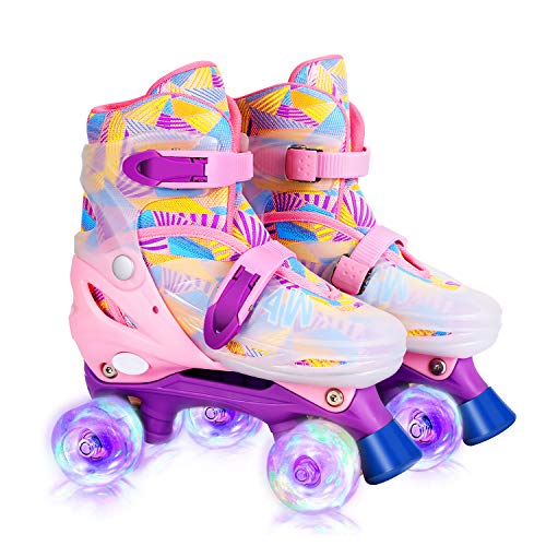 GVDV Roller Skates for Girls - Adjustable Size Double Roller Skates, with 8 Wheels Light Up, Full Protection for Children's Indoor and Outdoor Play, Rollerskates for Kids Beginners, Pink (Medium 2-4)