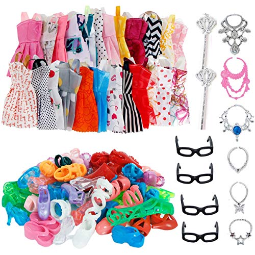 AMETUS 32 PCS Doll Accessories, 10x Mix Cute Dresses, 10x Shoes, 4X Glasses, 6X Necklaces, 2X Fairy Sticks Dress Clothes for Barbie Doll
