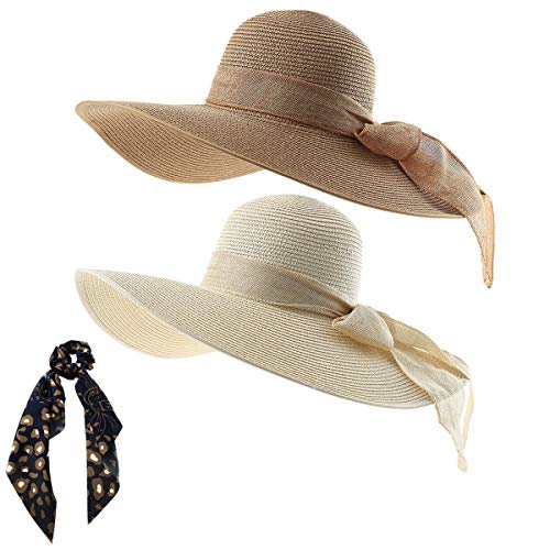 DeELF Outlet Wide Brim Beach Hat for Women Big Bowknot Summer Straw Sun Hat Floppy Foldable Roll Up Hat for Vacation, Travel Off White