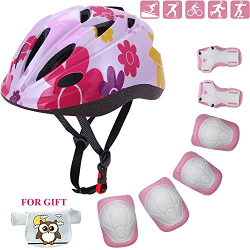 Kids Helmet Adjustable with Sports Protective Gear Set Knee Elbow Wrist Pads for Toddler Ages 4 to 10 Years Old Boys Girls Cycling Skating Scooter Helmet - (Pink Sun Flower)