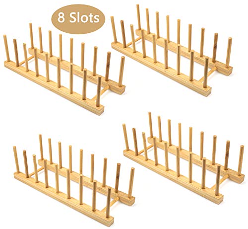 Lawei 4 pack Bamboo Wooden Dish Rack - Plate Rack Stand Pot Lid Holder, Kitchen Cabinet Organizer for Bowl, Cup, Cutting Board and more