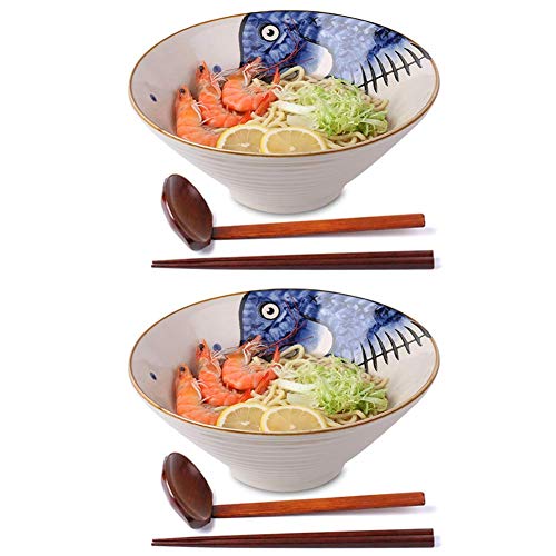 Ceramic Japanese Ramen Noodle Soup Bowl, 2 Sets (6 Piece) 60 Ounce, with Matching Spoon and Chopsticks for Udon Soba Pho Asian Noodles, Blue