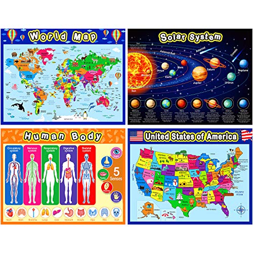 Extra Large Preschool Educational Learning Posters for Kids Toddlers, Nursery Homeschool Pre-K Kindergarten Classroom Decoration, 17 x 22 Inch (4 Pieces, World Map, USA Map, Solar System, Human Body)