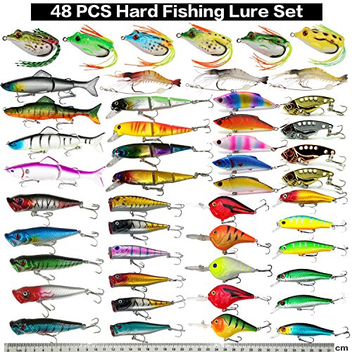 XBLACK Hard Fishing Lure Set Assorted Bass Soft Fishing Lure Kit Colorful Minnow Popper Crank Rattlin VIB Jointed Fishing Lure Set Hard Crankbait Tackle Pack Saltwater Freshwater (48pcs)