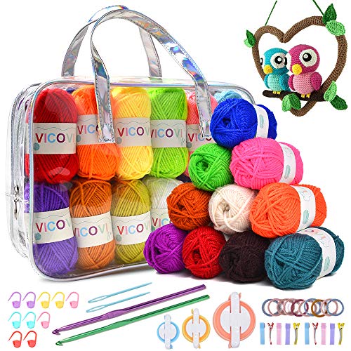 VICOVI 1000+Yard Acrylic Yarn Kit for Crochet&Knitting Craft with 24 Assorted Colors,2 Crochet Hooks,2 Mint Plastic Knitting Needle,10 Markers,10 Hairbands,10 Hairpins,3 Sizes of Pompom Makers