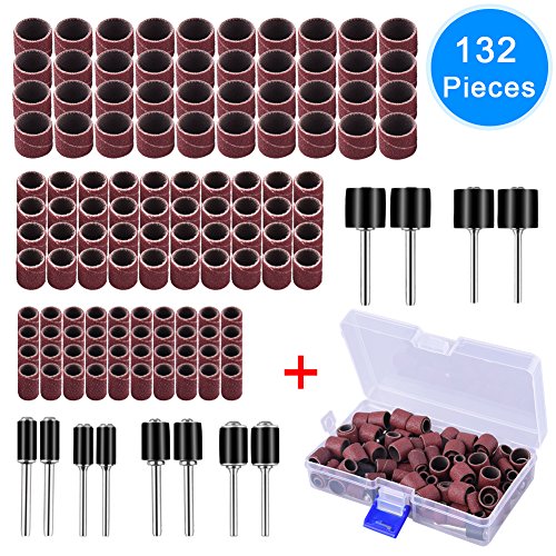 AUSTOR 132 Pieces Sanding Drum Set with Free Box Including 120 Pieces Drum Sander Sanding Sleeves and 12 Pieces Drum Mandrels for Dremel Rotary Tool