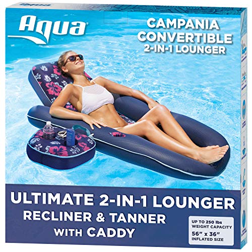 Aqua Campania Ultimate 2 in 1 Recliner & Tanner Pool Lounger with Adjustable Backrest and Caddy, Inflatable Pool Float, Navy Hibiscus (AQL14856AZ)