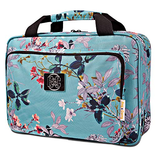 Large Hanging Travel Cosmetic Bag For Women - Travel Toiletry And Cosmetic Makeup Bag With Many Pockets (Turquoise flowers)